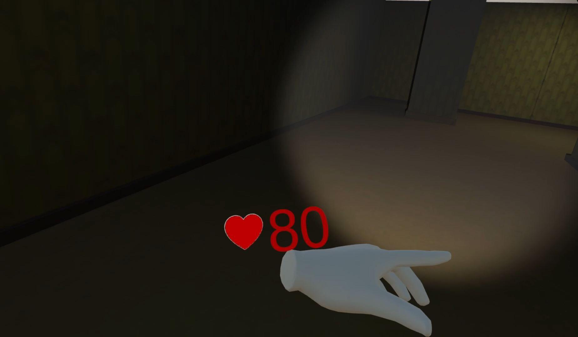 Backrooms VR: the player's hand and health counter lit by a flashlight