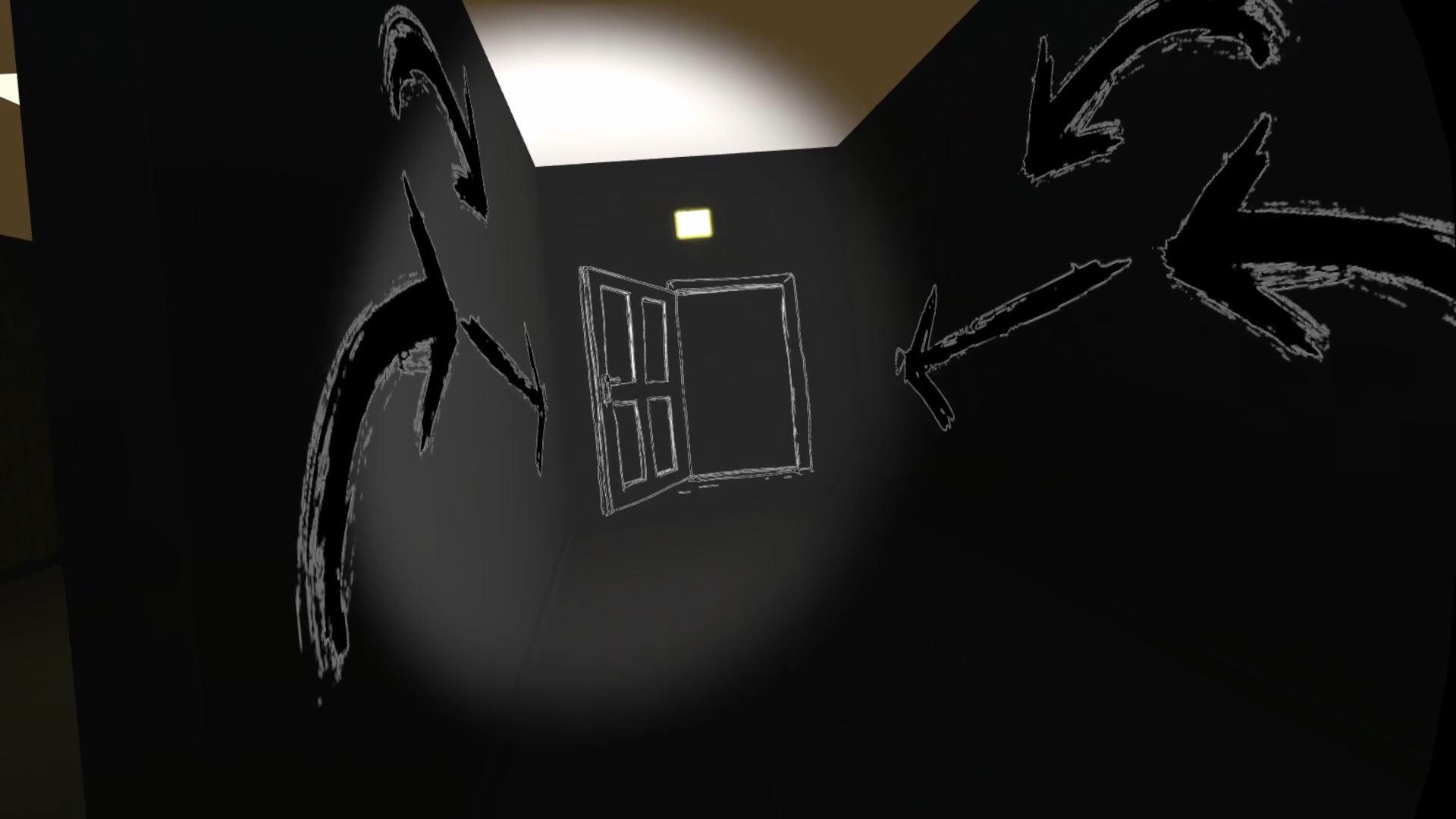 Backrooms VR: hand-drawn arrows on dark walls pointing to an outlined doorway