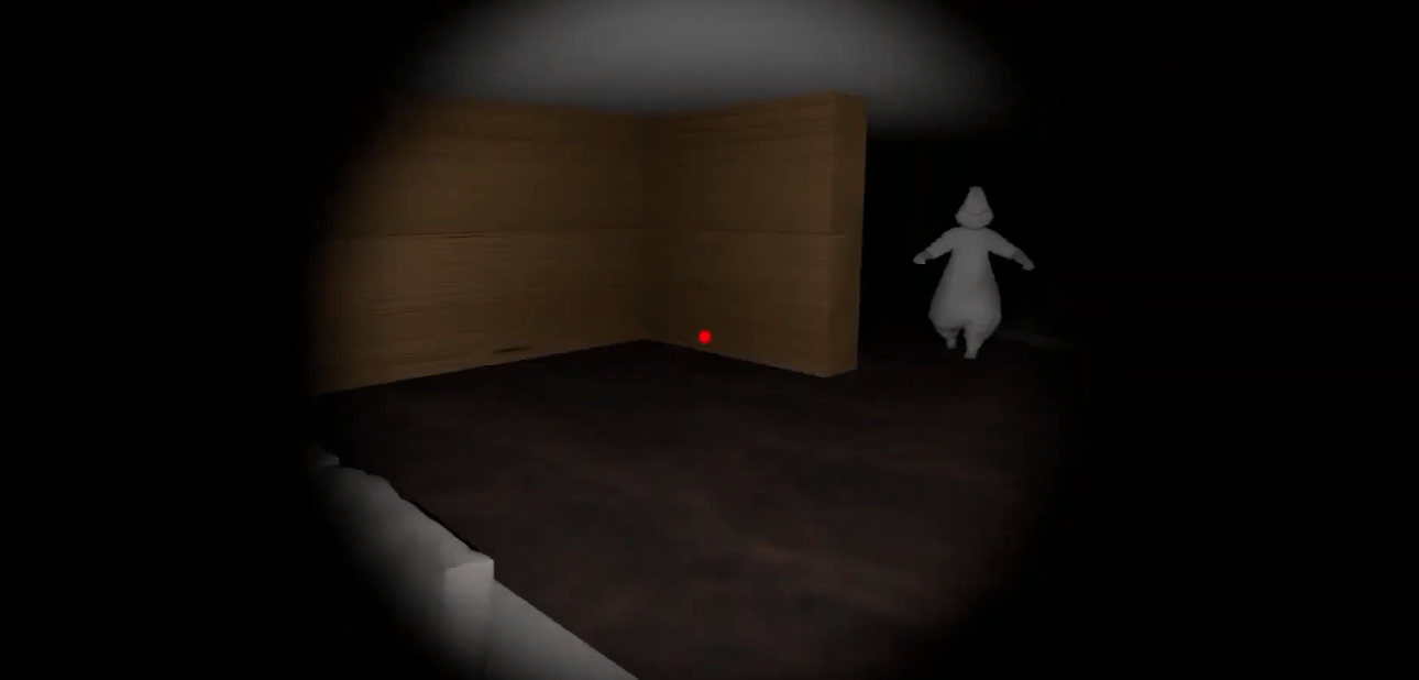 Haunted Dreams: a pale hooded ghost in a dark wooden room, seen through a vignetted flashlight beam with a red reticle