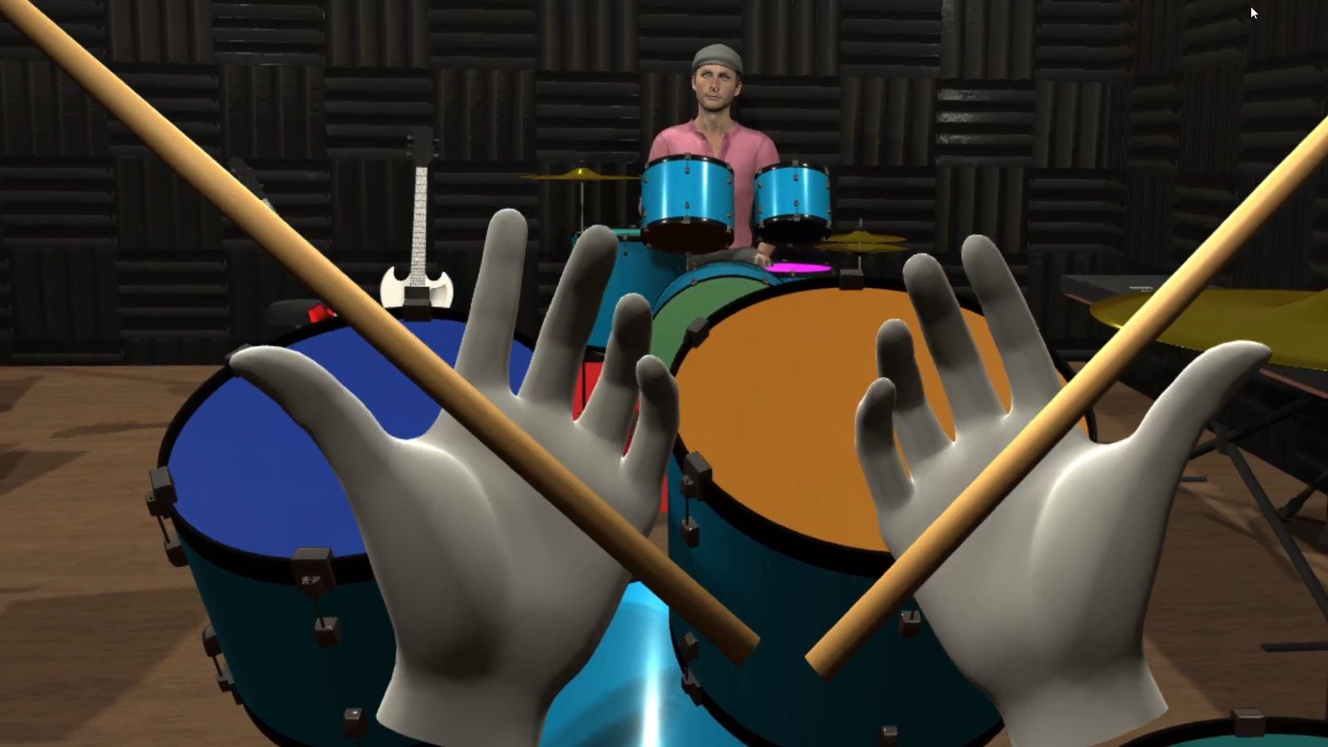 VR Musical Instrument Class: the player's hands holding drumsticks over a drum kit, facing an instructor