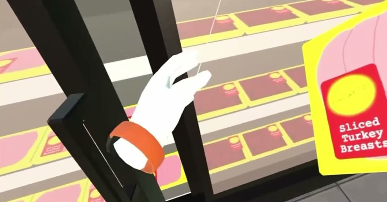 AimMetafy: a virtual hand opening a fridge door in the supermarket simulation (still from the official walkthrough video)