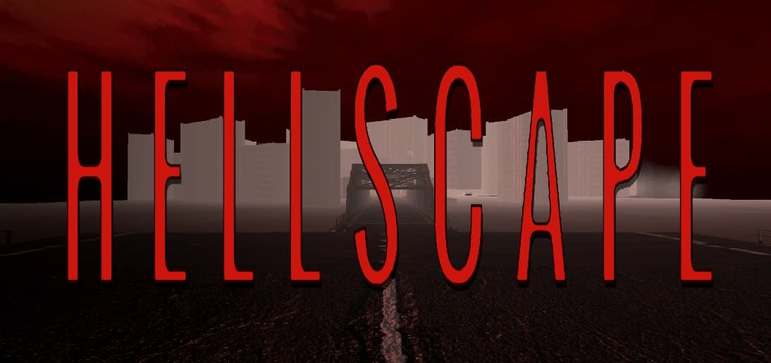 HELLSCAPE: the title over a ruined city skyline and a cracked road leading to a bridge, under a blood-red sky